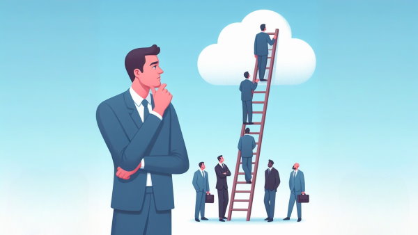 یک مرد ایستاده در حال فکر کردن و مشاهده همکاران خود که از یک نردبان بالا می روند