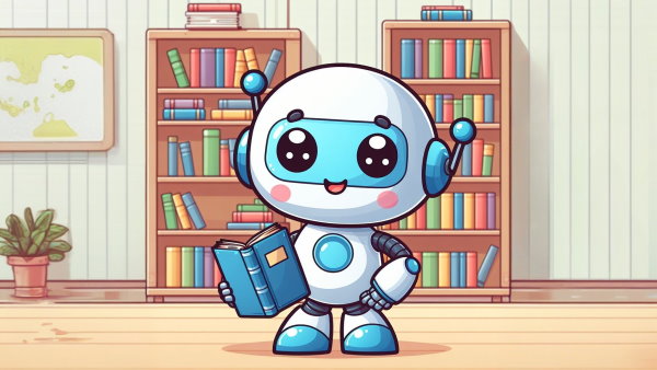 یک ربات کوچک ایستاده با یک کتاب در دست و دو قفسه کتاب در پست سر - زبان های برنامه نویسی هوش مصنوعی