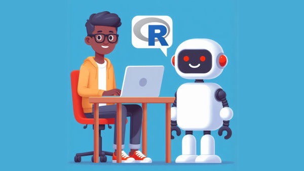 یک پسر نشسته پشت میز در حال کار با لپ تاپ در کنار یک ربات ایستاده با لوگوی R - زبان های برنامه نویسی هوش مصنوعی
