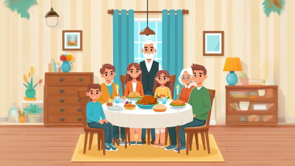 یک خانواده نشسته دور میز غذا با پدر ایستاده پشت میز - افعال لازم و متعدی در انگلیسی