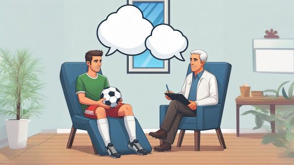 یک فوتبالیست با یک توپ در دست نشسته مقابل یک روانشناس در حال صحبت
