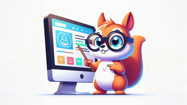 یک سنجاب عینکی ایستاده کنار یک مانیتور در حال اشاره به صفحه وب نمایش داده شده در آن - فرانت اند چیست