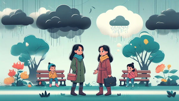 دو خانم ایستاده در پارک در هوای بارانی با دو کودک نشسته روی نیمکت
