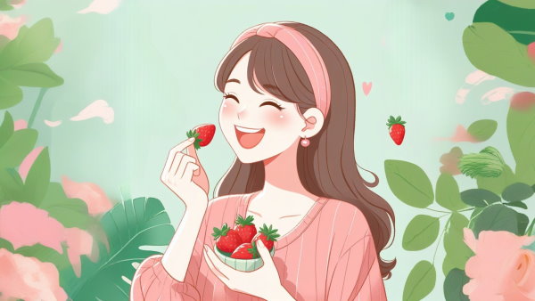 یک خانم در حال خوردن توت فرنگی با خوشحالی