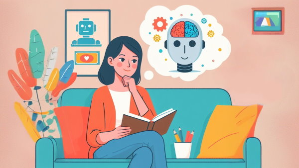یک زن نشسته روی مبل در حال مطالعه کتاب و فکر کردن به رباتی با مغز - یادگیری هوش مصنوعی بدون دانشگاه