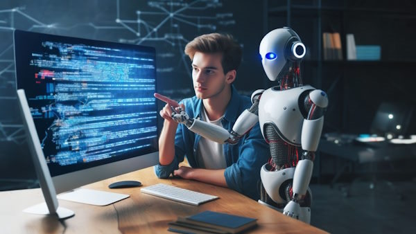مردی در حال یادگیری برنامه نویسی از ربات هوش مصنوعی است