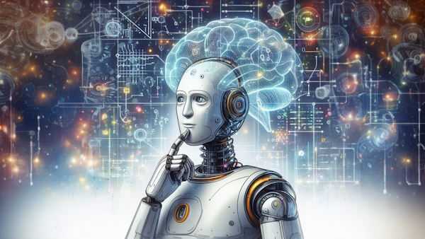رباتی در حال فکر کردن درباره حل یک مسئله است - یادگیری هوش مصنوعی بدون دانشگاه