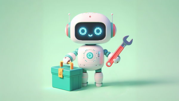 یک ربات کوچک با جعبه ابزار و یک آچار در دست