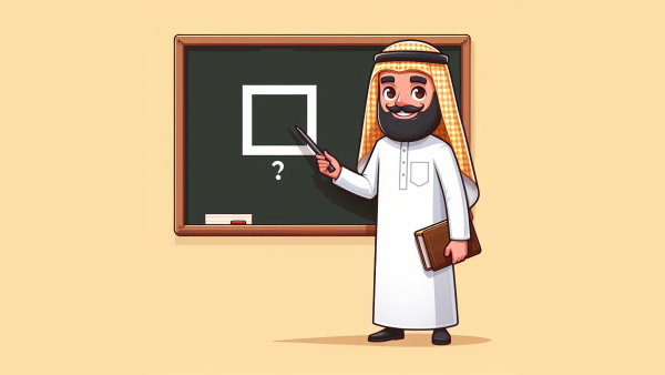 یک معلم عرب ایستاده کنار تخته در حال اشاره به مربع