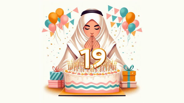 یک دختر عرب نشسته مقابل یک کیک با عدد 19 روی آن - چهار عمل اصلی ریاضی در زبان عربی