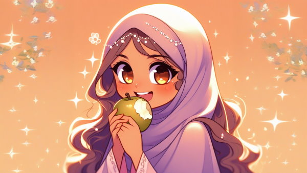 یک دختر با لباس عربی در حال خوردن سیب - فعل نفی در عربی