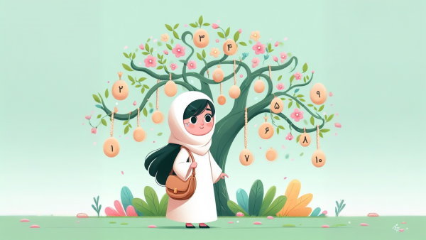 یک دختربچه عرب ایستاده در مقابل درختی با اعداد عربی