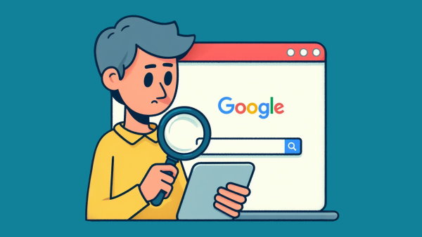 یک مرد ایستاده با یک تبلت و یک ذره بین در دست با پس زمینه صفحه گوگل
