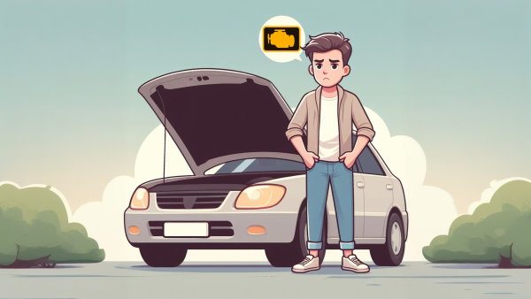 یک مرد جوان ناراحت ایستاده در کنار یک ماشین با کاپوت باز و در حال فکر کردن به چراغ چک موتور
