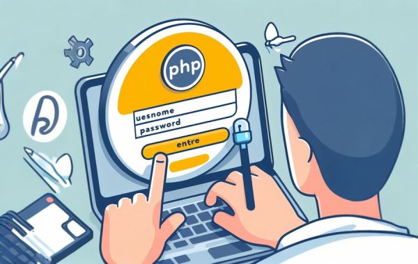 برنامه‌نویس PHP پشت لپ‌تاپ در حال طراحی سیستم احراز هویتبرای وب‌سایت با زبان برنامه نویسی PHP - کاربرد PHP چیست
