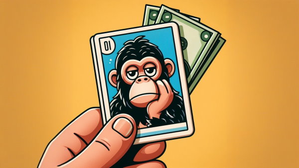 یک دست که یک کارت با عکس میمون بی حوصله روی آن است