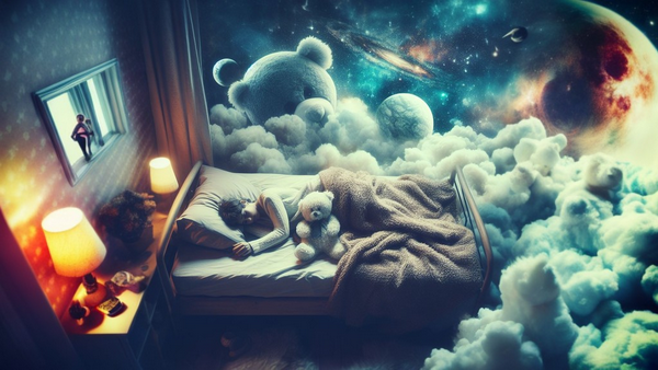 شخصی در اتاق خوابیده و با رویاهای مختلف احاطه شده است.