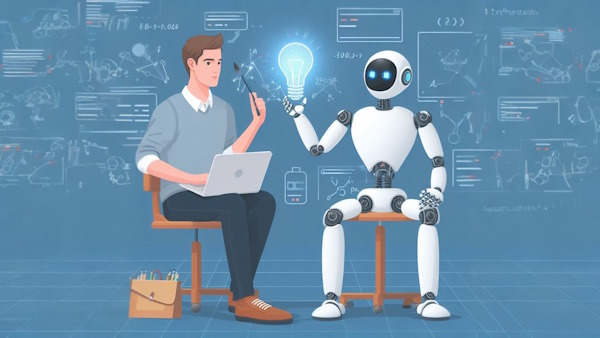 رباتی در حال کمک به برنامه نویس است تا خلاقیت خود را در برنامه نویسی بهتر کند - تقویت برنامه نویسی با هوش مصنوعی