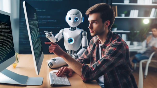 ربات هوش مصنوعی در حال آموزش برنامه نویسی به یک برنامه نویس است - تقویت برنامه نویسی با هوش مصنوعی