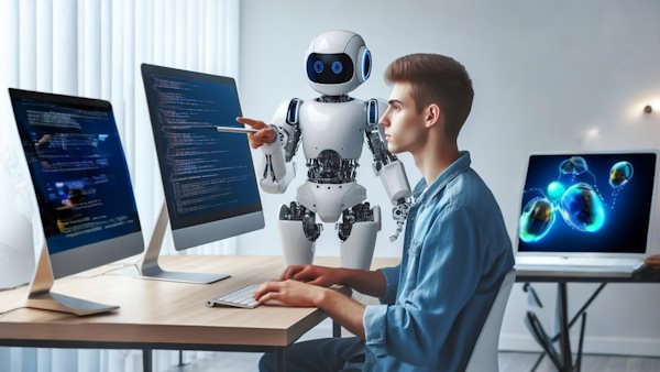 رباتی در حال آموزش برنامه نویسی به یک مرد است - برنامه نویسی با هوش مصنوعی
