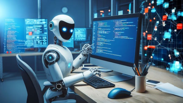 رباتی در مقابل کامپیوتر نشسته و در حال نوشتن قطعه کدهای برنامه نویسی است