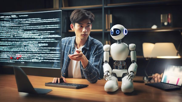 برنامه نویس در حال مشورت گرفتن از ربات هوش مصنوعی است - تقویت برنامه نویسی با هوش مصنوعی