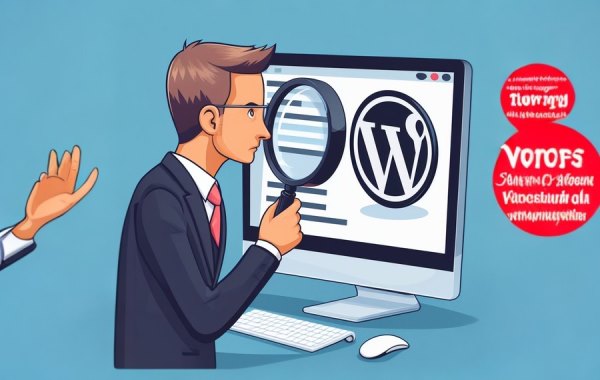 برنامه‌نویس در حال بررسی صفحه کامپیوتر شامل لوگوی وردپرس با یک ذره بین - کاربرد PHP چیست