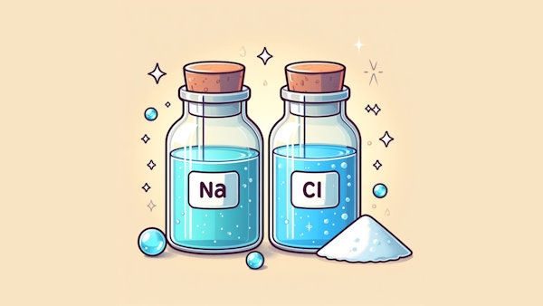 دو شیشه محلول که بر روی یکی Na و بر روی دیگری Cl نوشته شده است، به همراه مقداری نمک
