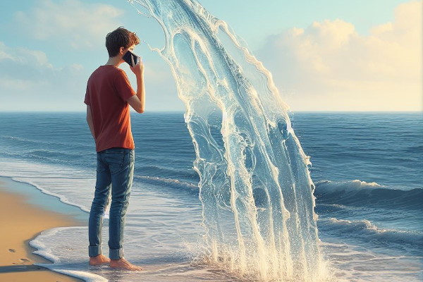پسری که در کنار دریا در ساحل ایستاده و با گوشی همراه خود در حال صحبت کردن است.