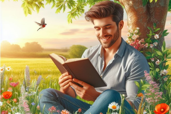 مردی که در طبیعت نشسته و در حال کتاب‌خواندن است. 