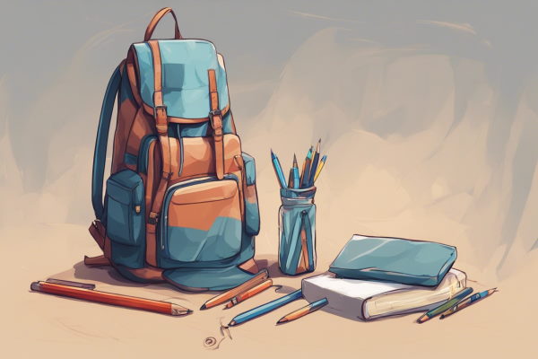 تصویر یک کوله پشتی در کنار یک دفترچه، کتاب و چند مداد
