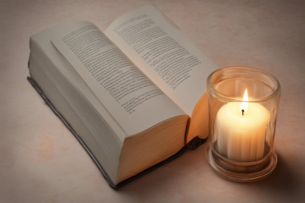 تصویر کتابی که کنار شمعی روشن قرار دارد