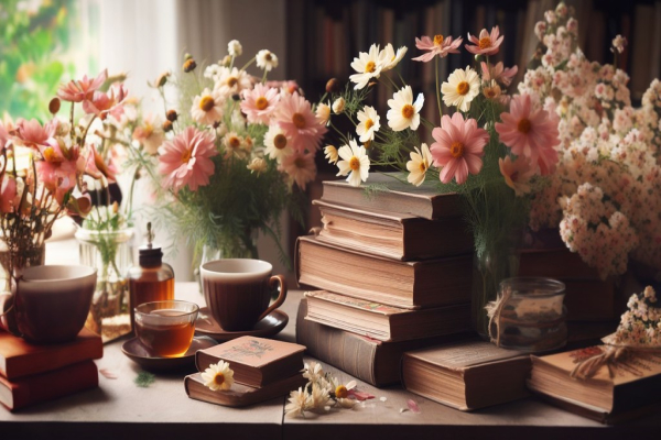 کتاب ها و گل ها روی میز