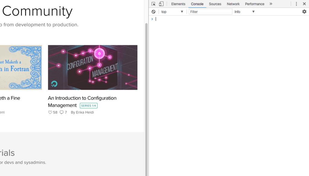 تصویری از محیط کنسول javascript در مرورگر گوگل کروم