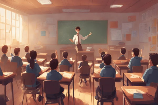 تصویر کلاس درسی که در آن معلمی پای تخته ایستاده است