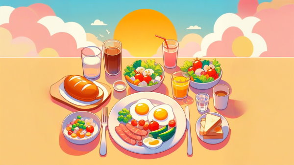 مجموعه ای از غذاهای لذیذ روی میز در مقابل طلوع آفتاب - اجزای جمله در زبان انگلیسی