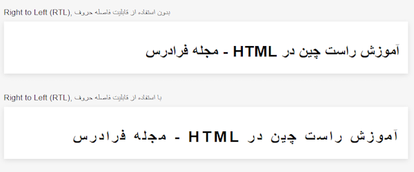 تصویری از استفاده از فاصله بین حروف و عدم استفاده از فاصله بین حروف در HTML