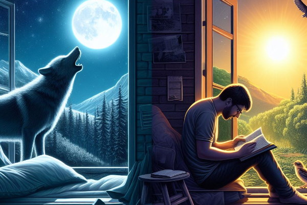 فردی که در کنار پنجره در حال درس خواندن در طلوع أفتاب است در حالی‌که آن‌سوی عکس، شب بوده و زیر ماه کامل، گرگی در حال زوزه کشیدن است.