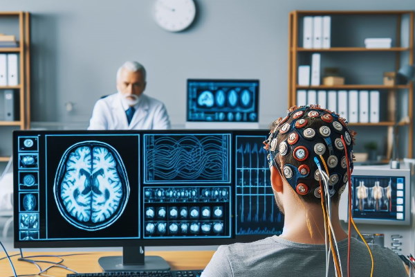 فردی که نشسته و سیم‌هایی به سر او وصل شده‌اند و وضعیت مغزی او را در کامپیوتر به او نشان می‌دهند. در حالی که درمانگر او در مقابلش نشسته و شرایط او را ارزیابی می‌کند. 