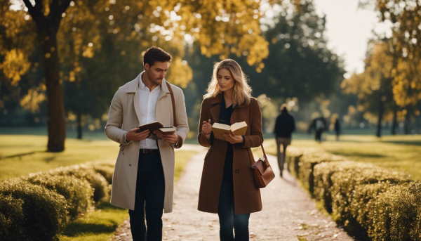 زن و مردی در حال قدم زدن در پارک با کتابی در دستشان