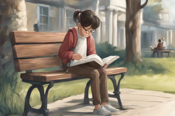 تصویر دختربچه‌ای که روی نیمکتی نشسته است و کتابی می‌خواند