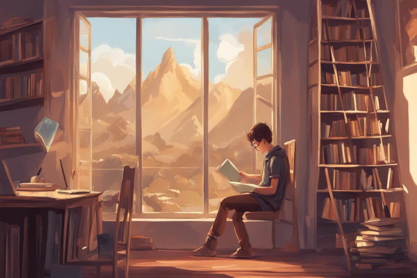 تصویر دانش‌آموزی که کنار پنجره مشغول مطالعه است