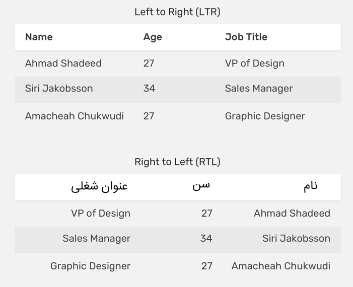 تصویری برای نمایش نمونه طراحی جدول در طراحی های راست چین و چپ چین