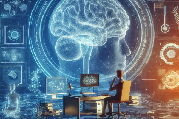 فردی که پشت کامپیوتر در حال مطالعه رفتار و فرایندهای ذهنی است و روبروی او نقشه ذهن انسان است. 