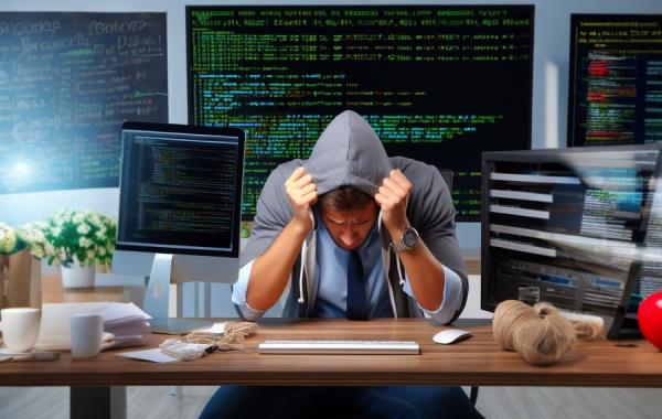 برنامه نویس مضطرب و ناراحت که روی میز نشسته و سر خود را بین دست های خود قرار داده است. 