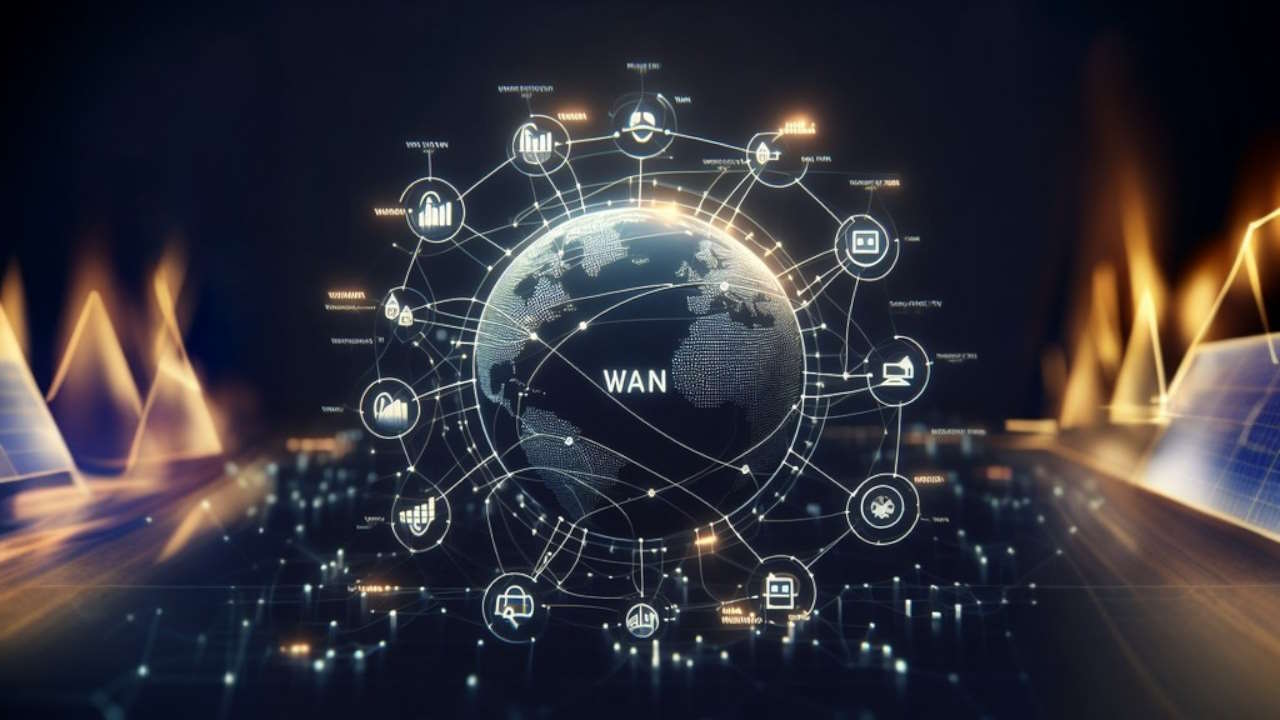 شبکه wan در مرکز که توسط داده های مختلف، احاطه شده است.