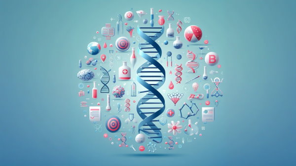 یک مدل DNA و مدل های کوچک مفهومی از مفاهیم زیست شناسی در اطراف آن به شکل دایره