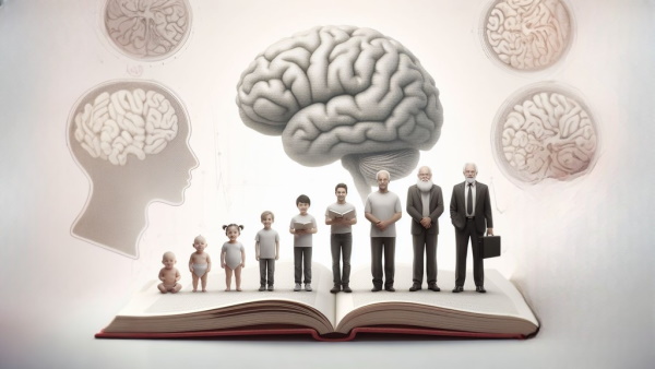 آدمک های نوزاد تا پیری روی یک کتاب با پس زمینه مغز انسان - روانشناسی تربیتی