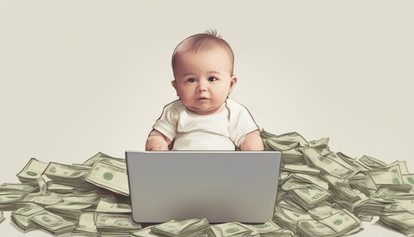 کودکی با یک لپ تاپ نشسته روی پول های روی زمین