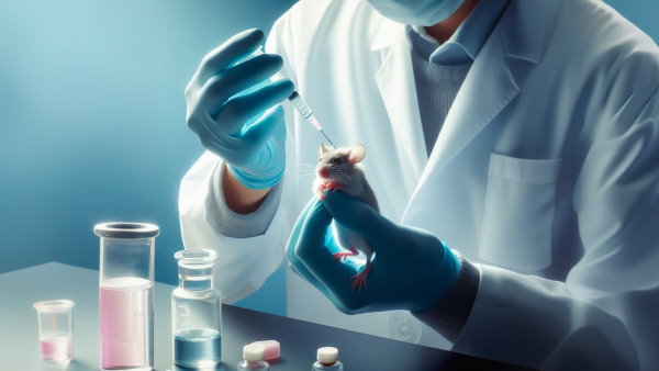 یک کارشناس آزمایشگاه زیست شناسی در حال تزریق به یک موش آزمایشگاهی